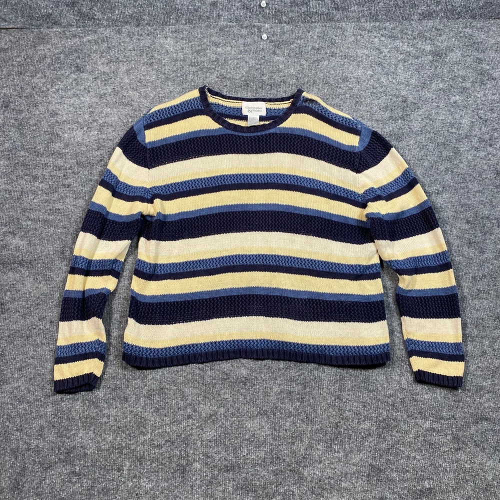 Christopher & Banks Striped Crewneck Sweater Navy Blue Yellow Ramie Cotton L